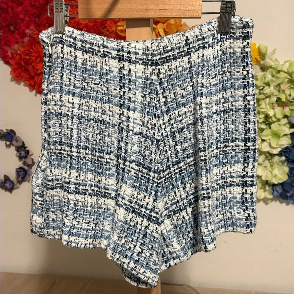 ZARA Textured Tweed Shorts Skort High Waist Blue White Buttons